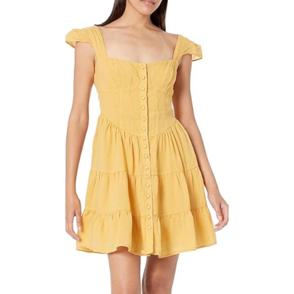 GUESS Eco Sophia Mini Dress Sweetheart Smocked Tiered Cottagecore Lolita Yellow